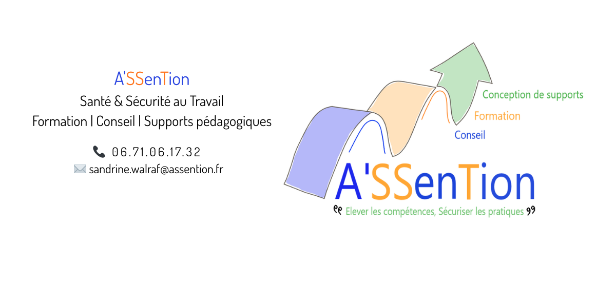 Logo de l'entreprise A'SSenTion, incluant des éléments graphiques colorés et des informations de contact.