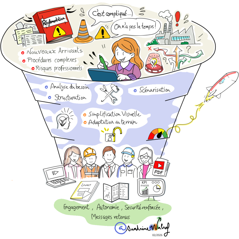 infographie en entonnoir illustrant depuis l'info complexe à la communication visuelle en santé et sécurité au travail 