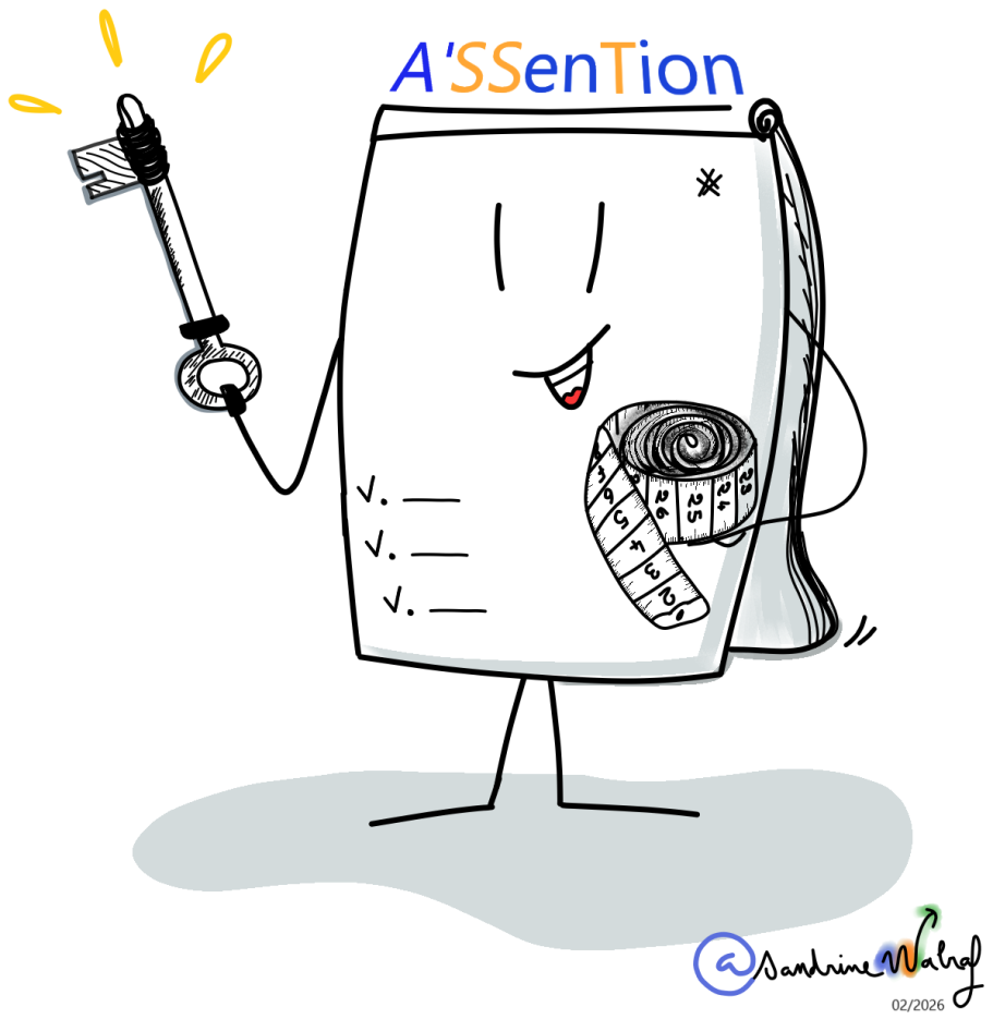 Un personnage animé en forme de paper board, souriant, tenant une clé et un mètre ruban.