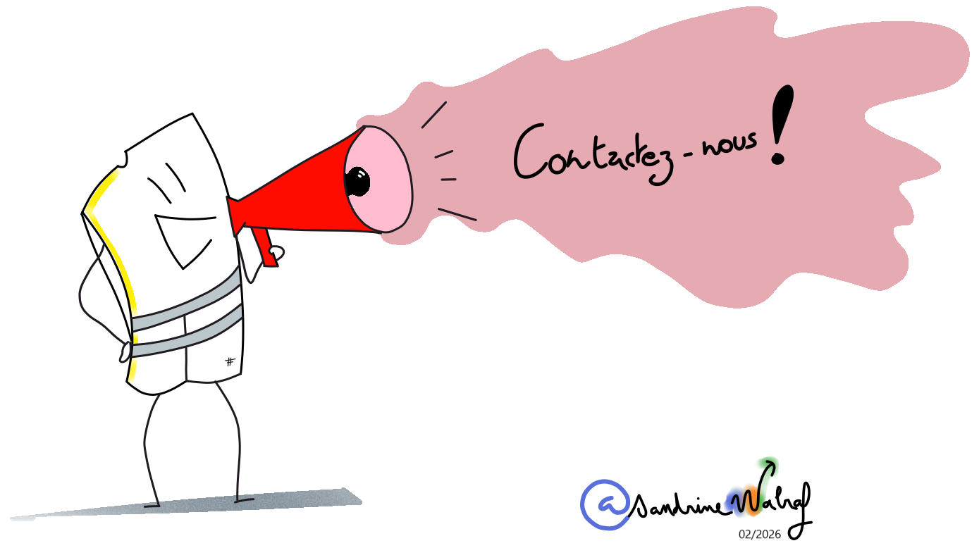 A'SSenTion contactez-nous Un personnage en gilet jaune crie avec un mégaphone des mots.