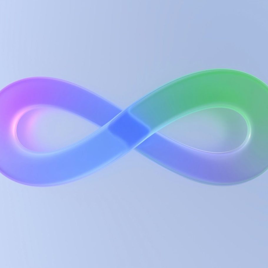 Symbole d’infini avec des dégradés de violet, bleu et vert sur fond clair.